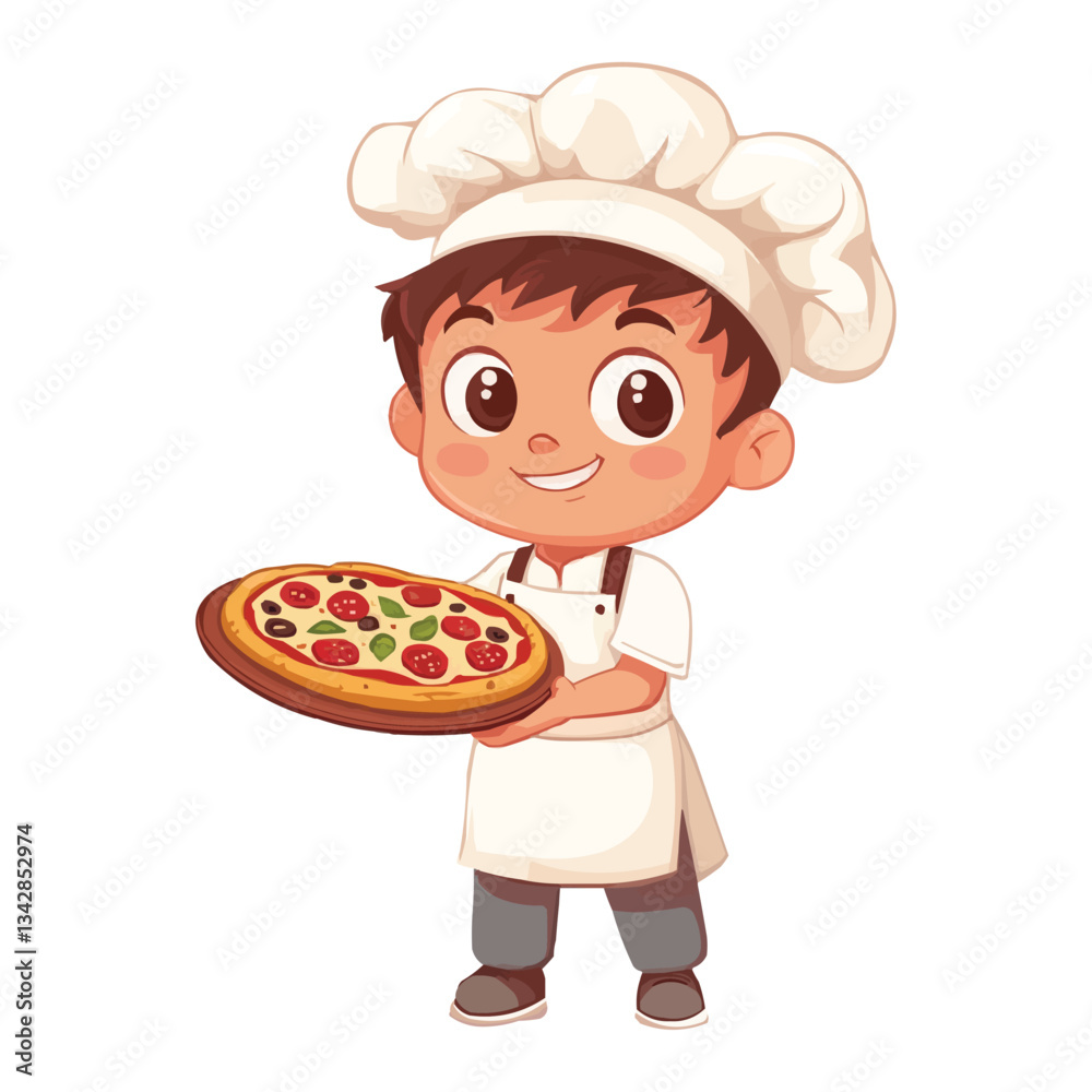 Happy Chef Boy Holding a Delicious Pizza Happy Chef Boy Holding a Delicious Pizza
