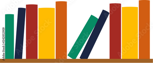 
A minimalist vector illustration of colorful books arranged on a wooden shelf. Perfect for educational, library, and reading-related designs.