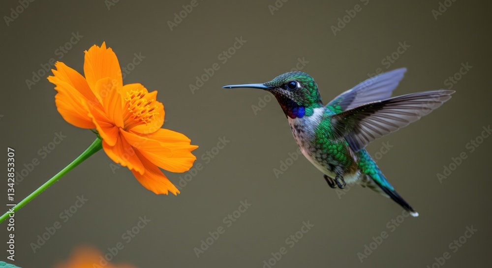 Fototapeta premium Hummingbird Approaching Vibrant Orange Flower in Natural Setting