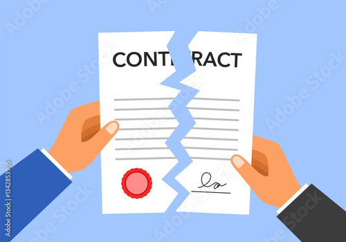 Contract termination concept. Two businessman hands tearing paper document apart. The end of agreement vector illustration in flat design.