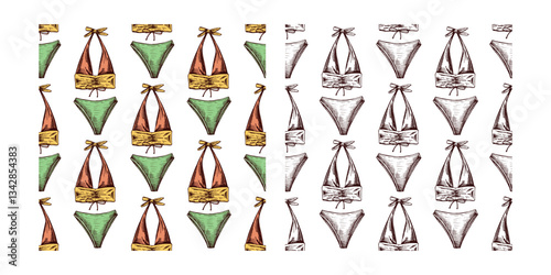 hand drawn colored and monochrome seamless pattern with bikini top and bottoms in vintage style