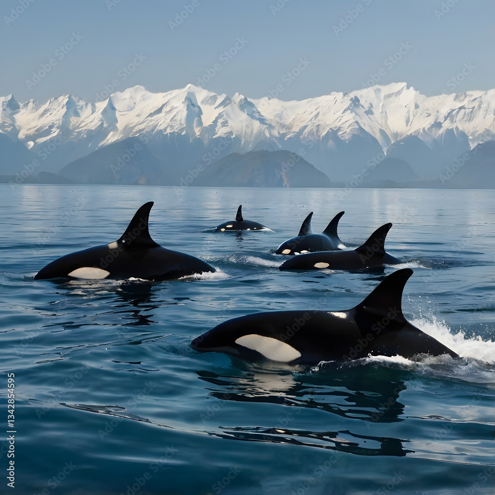 Fototapeta premium Orcas Pod in Scenic Waters: A pod of majestic orcas, their striking black and white markings contrasting against the tranquil blue waters, glide gracefully through the sea.