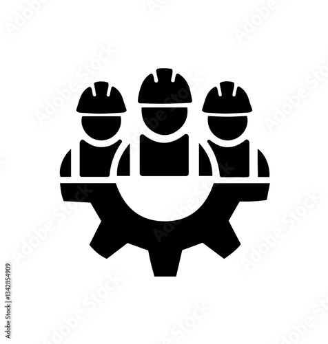 Three people wearing hard hats, standing behind a gear. construction workers, teamwork, and economic system labor, representing hard work and collaboration in technical fields.