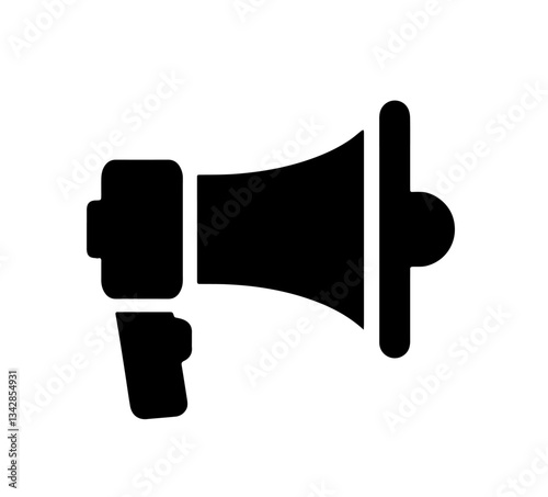 Profile view of a megaphone with a handle on the left and a wide horn on the right. amplifying sound, event announcements, and public address systems.