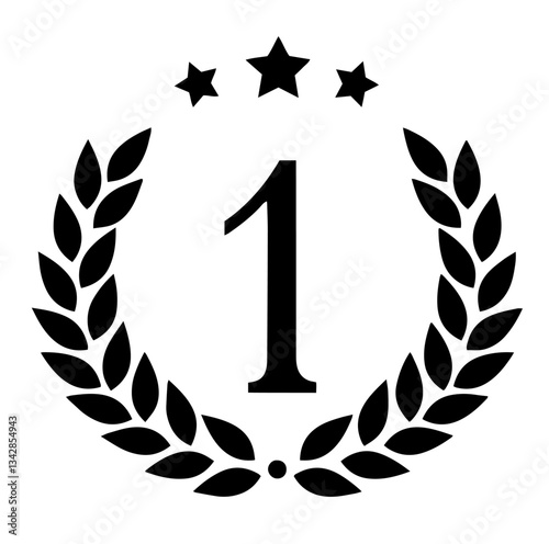 The number "1" surrounded by a laurel wreath with three stars above it. glory, victory, and triumph from Ancient times, with stars symbolizing excellence and supreme achievement.