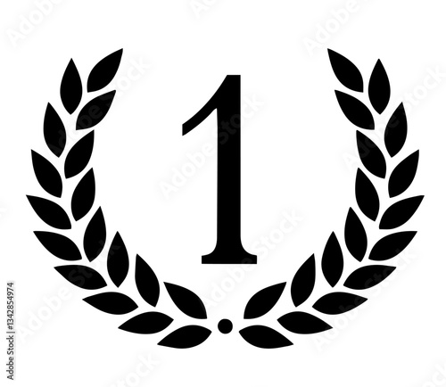 The number "1" surrounded by a laurel wreath. Concept of first place in competition, sports, victory, and symbolism of triumph from Ancient times.

