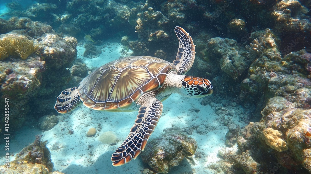 Fototapeta premium A graceful sea turtle swimming in the blue waters of the sea