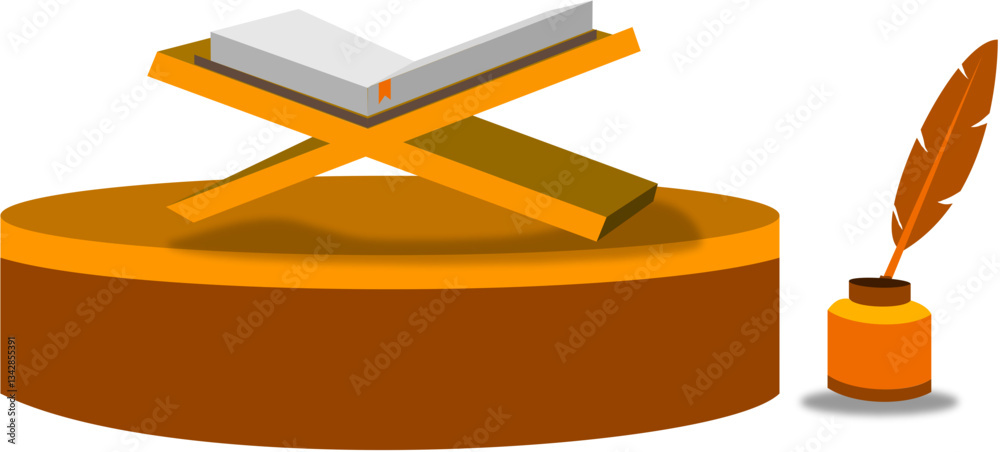 A vector illustration of an open book on a wooden stand with a quill and ink bottle, symbolizing knowledge, wisdom, and Islamic calligraphy. Perfect for education and religious themes. A vector illustration of an open book on a wooden stand with a quill and ink bottle, symbolizing knowledge, wisdom, and Islamic calligraphy. Perfect for education and religious themes.