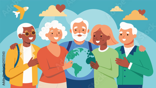 A group of golden year globetrotters rekindling their love for travel and discovery and showcasing the beauty of aging with grace in their blog.. Vector illustration