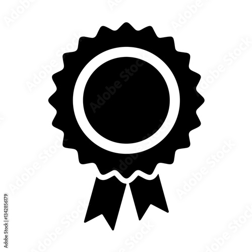 Medal with a circular center surrounded by a serrated edge and two hanging ribbons. victory, achievement, recognition, and rewarding excellence.