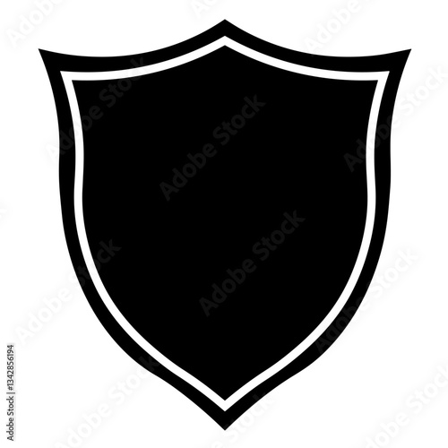 Black shield with a white border and classic shape with rounded top corners and a pointed bottom. warrior protection, defense, military gear, symbolism of strength and safety.