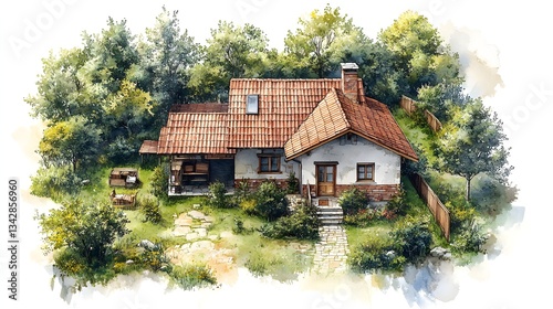Traditional wooden cottage architecture in a rural forest landscape surrounded by summer nature and trees.
