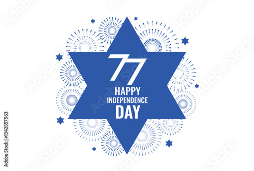 Israel's 77th Independence Day poster with the Star of David, Fireworks, and Happy Independence Day text. Vector illustration.