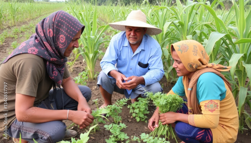Three Farmers Collaborate Harvesting Fresh Greens in a Rural Agricultural Field Three Farmers Collaborate Harvesting Fresh Greens in a Rural Agricultural Field