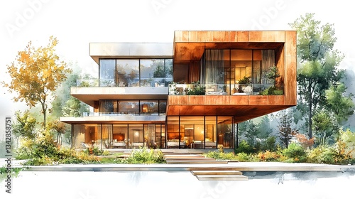 watercolor sustainable hotel on white background