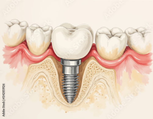 Anatomical illustration of a dental implant in jawbone