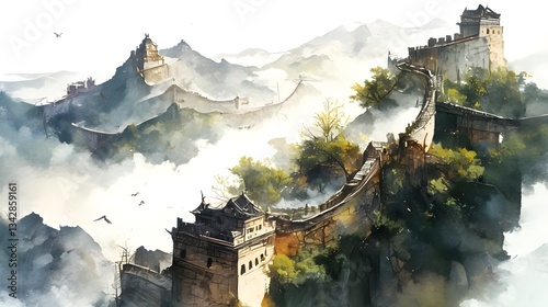 Soft watercolor sketch of the great wall of China