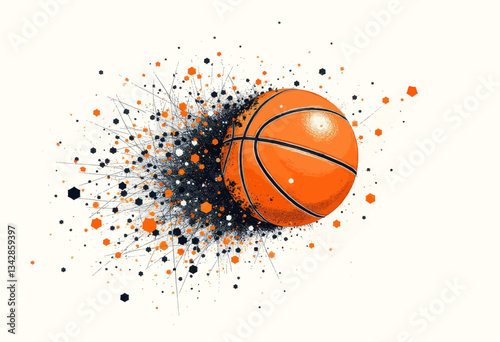Abstract orange basketball with geometric particle burst