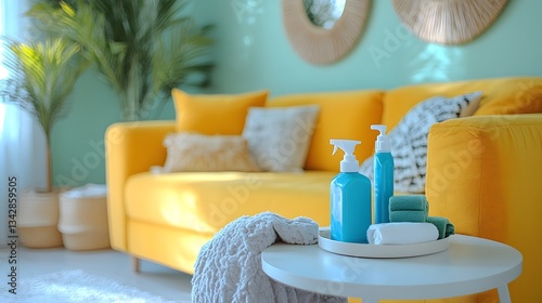 A bright and tidy living room with cleaning supply