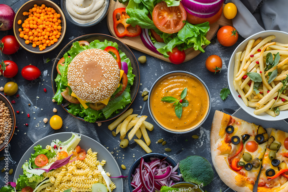 Savoury Collection of Vegan Delicacies – Salad, Burger, Soup, Spaghetti, and Pizza Savoury Collection of Vegan Delicacies – Salad, Burger, Soup, Spaghetti, and Pizza
