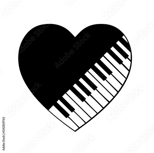 Black Heart with Diagonal Piano Keys Inside, Creating a Fusion of Music and Love, Representing Passion for Melodies and Emotional Connection

