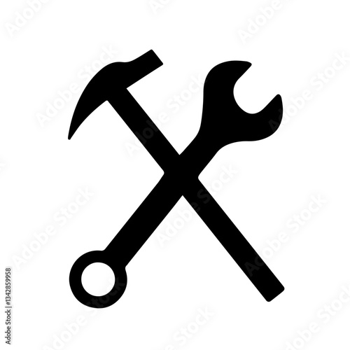 Black Silhouette of a Hammer and Wrench Crossed,  Tools, Repair, and Manual Labor 

