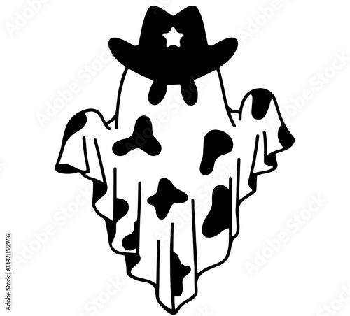 Ghost Silhouette Covered in Spots Resembling Cow Patterns, Wearing a Cowboy Hat with a Star on the Front, Halloween

