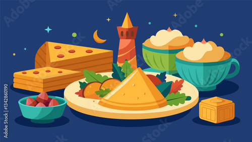 A treasure trove of Middle Eastern delights from flaky baklava to creamy semolina pudding.. Vector illustration