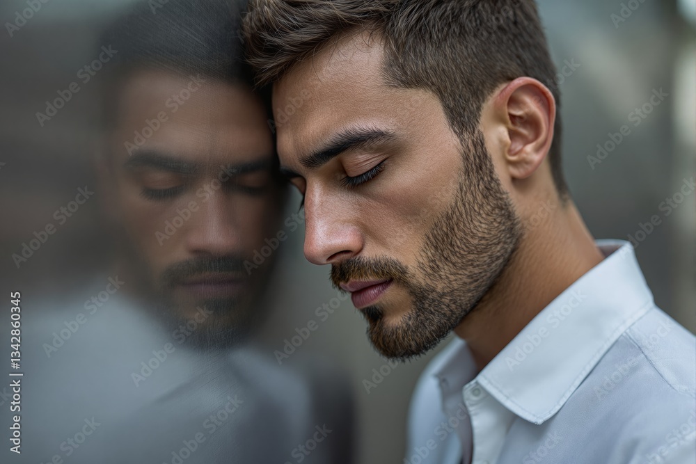 Thoughtful man leaning against glass with reflection. Thoughtful man leaning against glass with reflection.