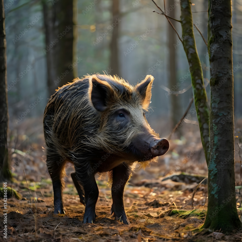 Solitary Wild Boar in the Forest: A solitary wild boar strides confidently through a sun-dappled forest, its coarse bristles catching the light in this captivating wildlife portrait. Solitary Wild Boar in the Forest: A solitary wild boar strides confidently through a sun-dappled forest, its coarse bristles catching the light in this captivating wildlife portrait.