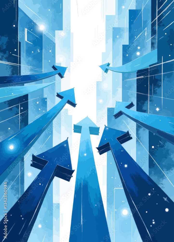 Blue arrows point upward toward bright, hazy cityscape