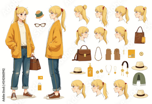Blonde anime character with fashion accessories and hairstyles