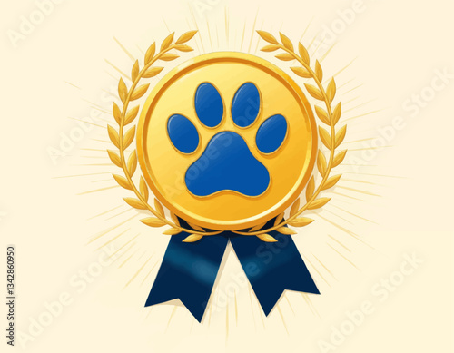 Blue Paw Print Gold Medal With Ribbon and Laurels