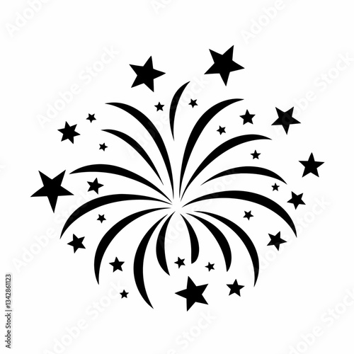 Black starburst firework design on white background