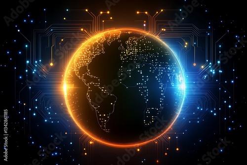 Abstract digital background with glowing data and circuit patterns on the planet Earth, symbolizing global connectivity in technology and information exchange. 