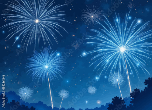 Brilliant blue fireworks light up night sky over trees