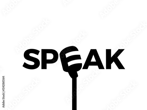 "SPEAK" Text with the Letter "E" Stylized as a Microphone with a Vertical Stand, Representing Public Speaking, Presentations, and Communication on Stage

