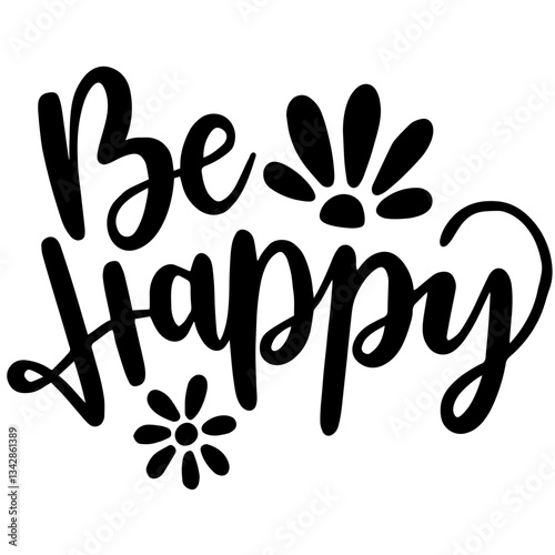 "Be Happy" Text in Black Font with Decorative Floral or Splash-Like Elements Around the Letters, Representing Motivation and Positivity for Greeting Cards and Inspirational Messages