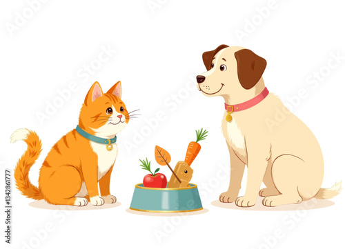 Cartoon Cat, Dog, and Bowl of Healthy Pet Food