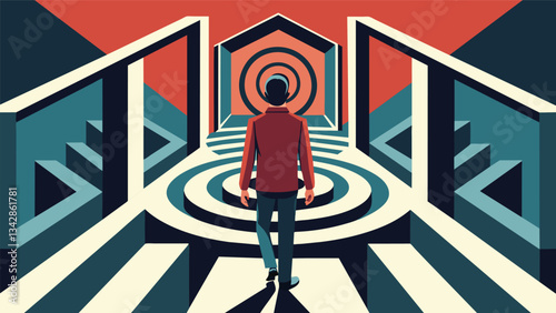 A person walks backwards through a mirrored labyrinth focusing on their reflections and gaining a greater sense of selfawareness.. Vector illustration