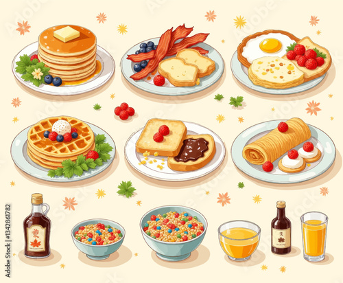 Cartoon Breakfast Assortment: Pancakes, Waffles, Bacon, and More