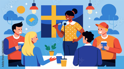 The clubs Swedish Day featured a visit from a native speaker who shared stories and songs in Swedish while members practiced their listening and speaking skills.. Vector illustration