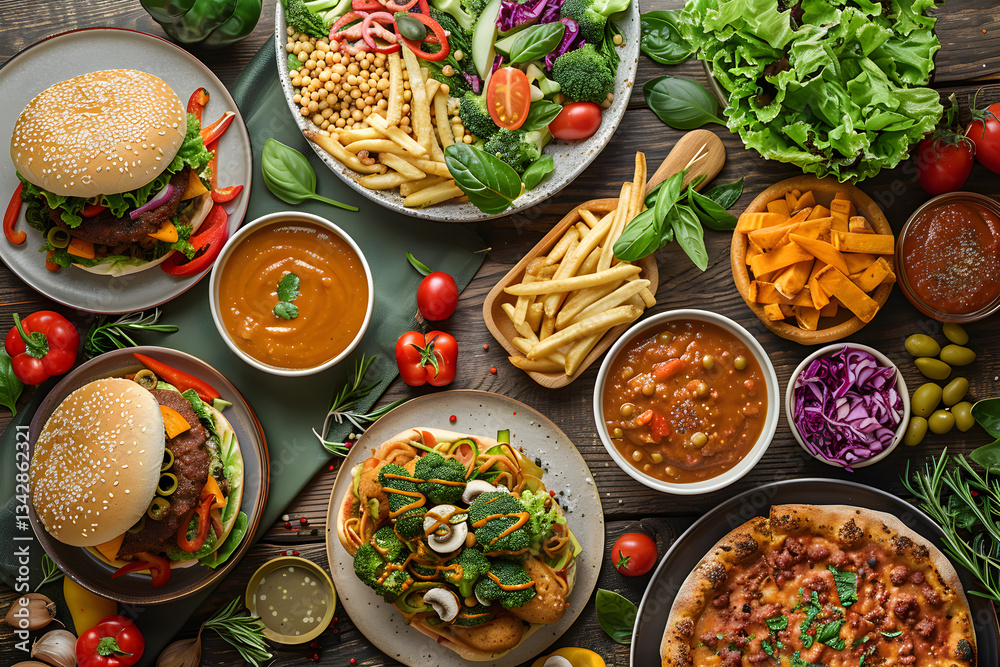 Savoury Collection of Vegan Delicacies – Salad, Burger, Soup, Spaghetti, and Pizza Savoury Collection of Vegan Delicacies – Salad, Burger, Soup, Spaghetti, and Pizza