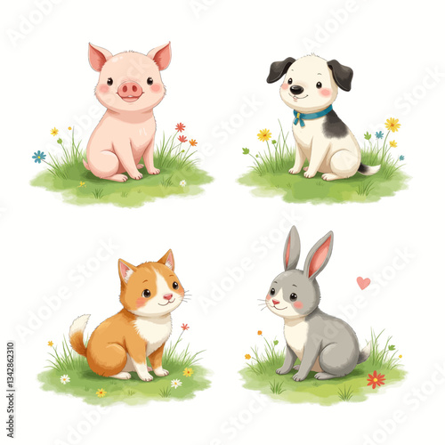 Cartoon pig, dog, cat, bunny sitting on grass