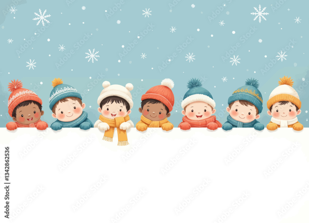 Cartoon Winter Kids with Sign on Light Blue Background Cartoon Winter Kids with Sign on Light Blue Background