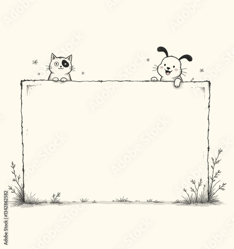 Cat and dog holding a blank sign sketch art