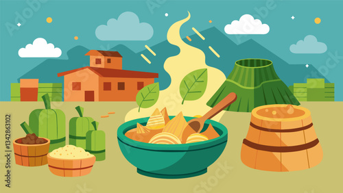 The aroma of freshly made tamales and y pozole wafts through the air filling the neighborhood with the scents of traditional Mexican cuisine.. Vector illustration