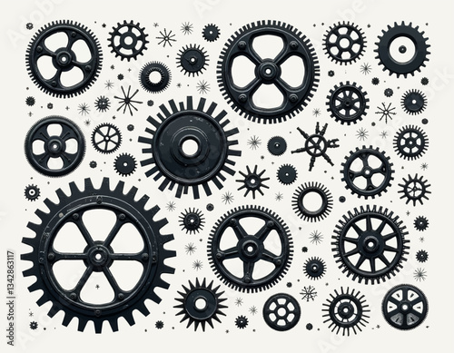 Collection of Black Gears and Cogs on White