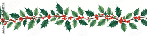 Classic Christmas Holly Branch Border on White