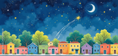 Colorful Houses Under Starry Night with Shooting Star and Crescent Moon
